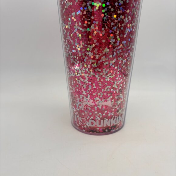 Dunkin Donuts I Love Dunkin Heart Glitter Coffee Cup Missing Straw Pink 24 oz - Picture 2 of 16